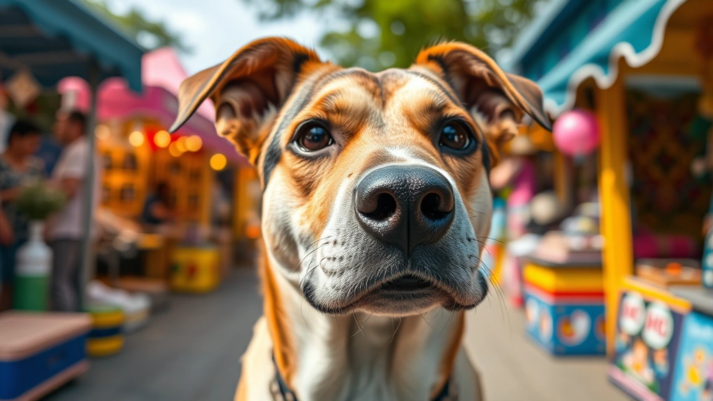 Close-up of a dog's face showing focused expression while surrounded by colorful vendor booths and displays blurred in background, natural daylight