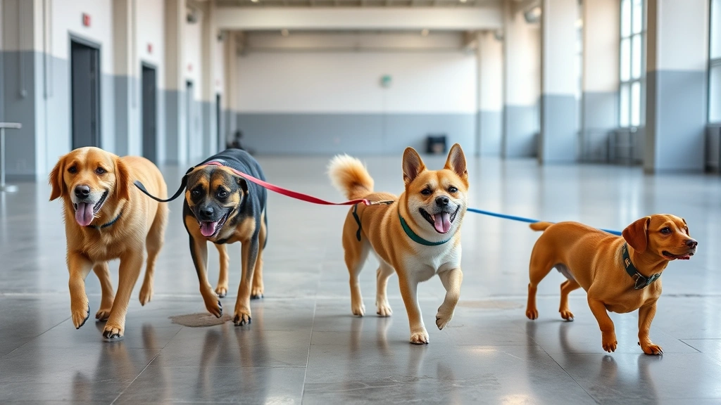 Group of various dog breeds—golden retriever, german shepherd, corgi, and dachshund—walking on leash through a spacious venue with polished concrete floors and high ceilings