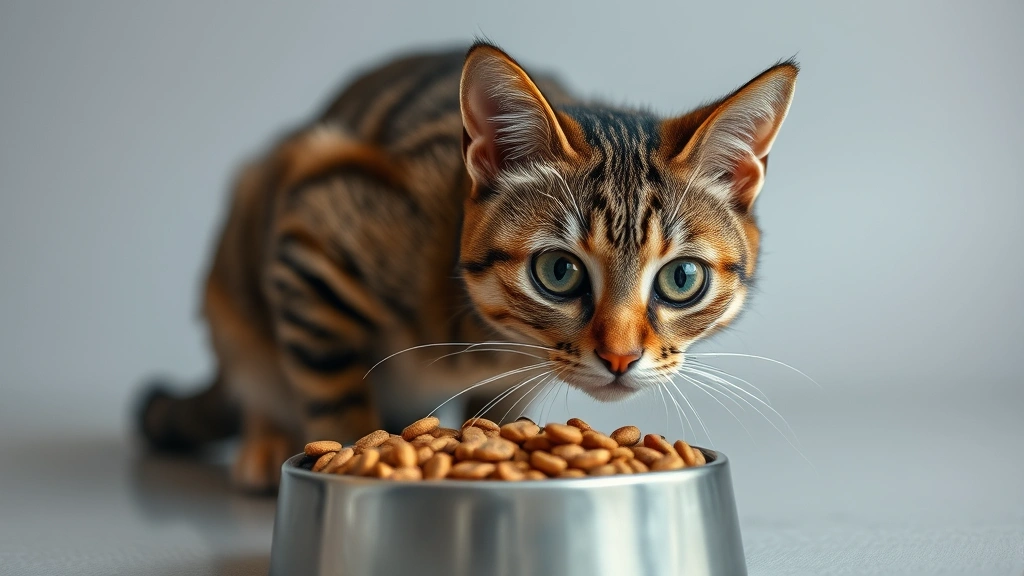 Curious tabby cat approaching a bowl of dry kibble with a questioning expression, photorealistic studio lighting