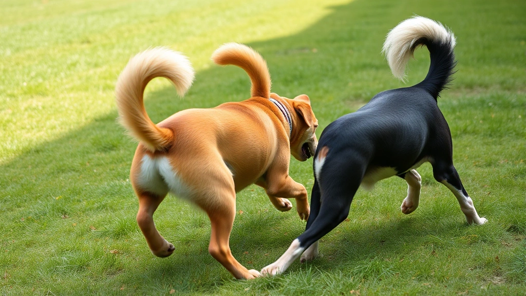Active dogs playing together in grassy yard, one dog's tail extended outward during movement, joyful interaction, photorealistic outdoor scene