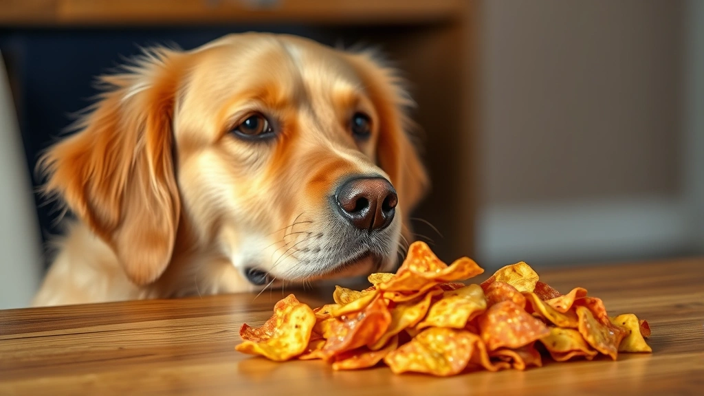 Golden retriever looking at pile of colorful tortilla chips on wooden table, curious expression