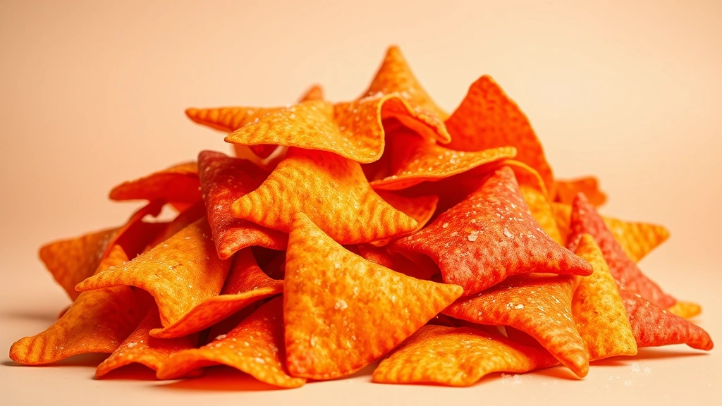 Colorful pile of Doritos tortilla chips in vibrant orange and red colors with salt crystals visible, photographed against neutral background