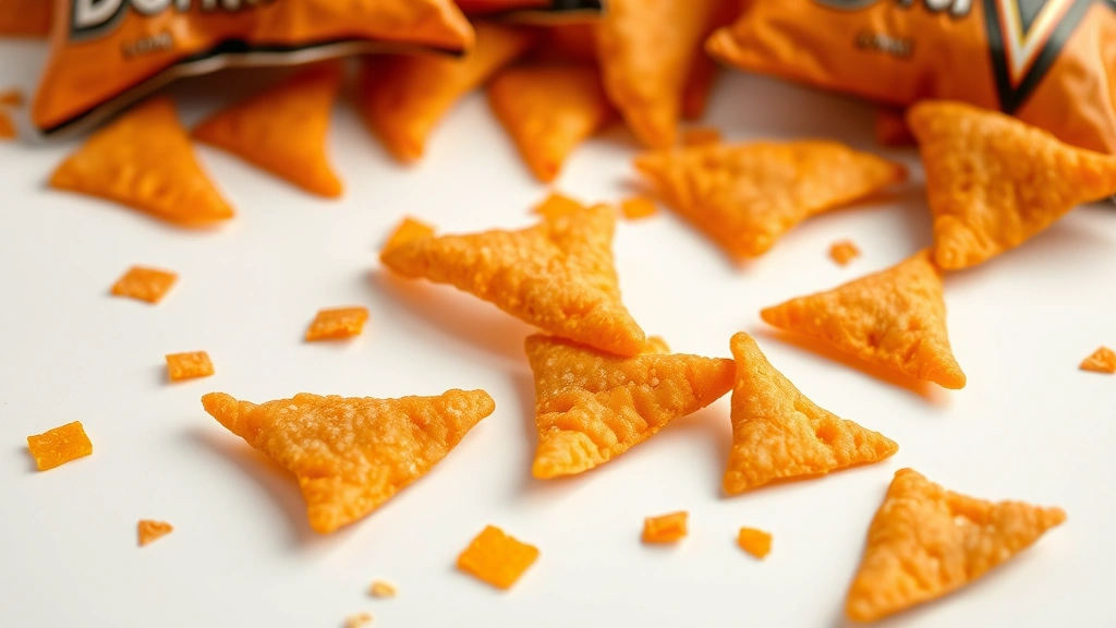 Close-up of bright orange Doritos chips scattered on white surface with nutritional concern indicators