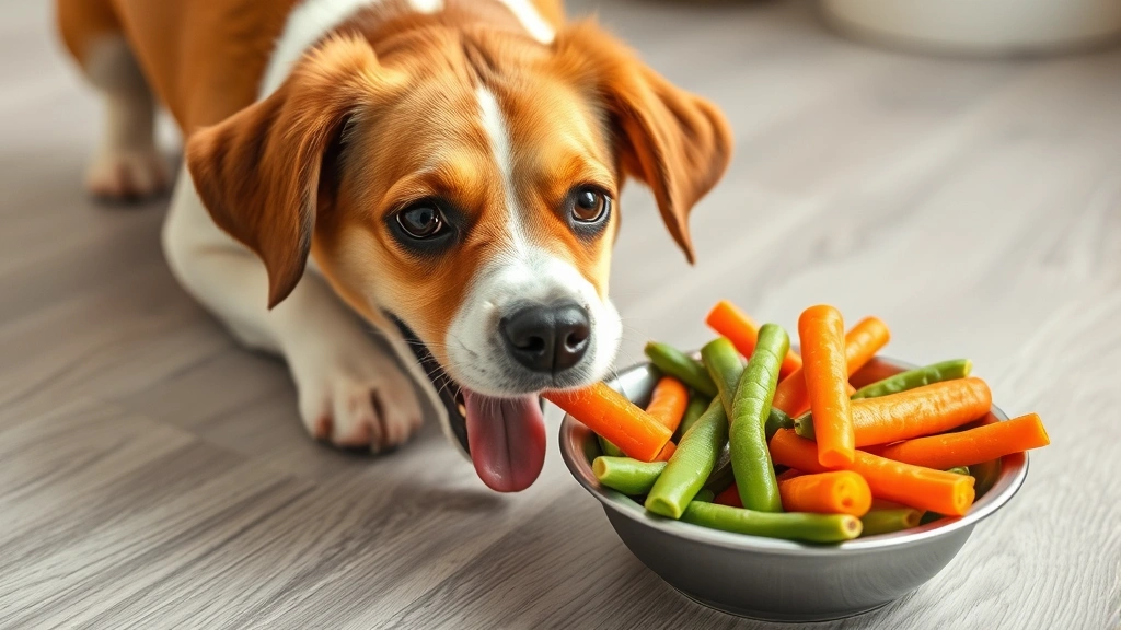 Happy dog eating healthy treats like carrots and green beans from bowl, nutritious alternative snacks