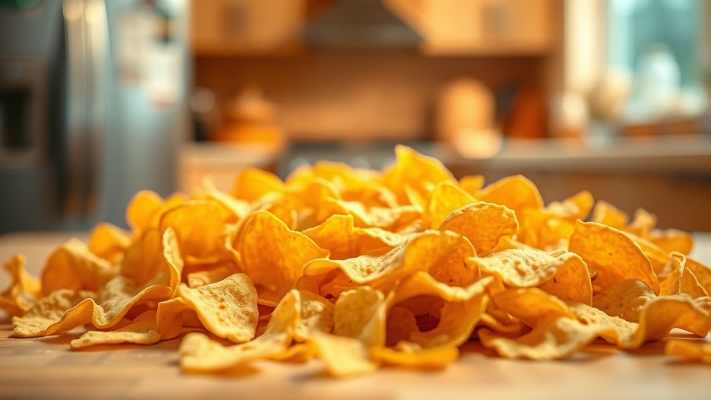 Abstract composition of scattered corn chips with blurred kitchen background, warm lighting creating shadows and depth