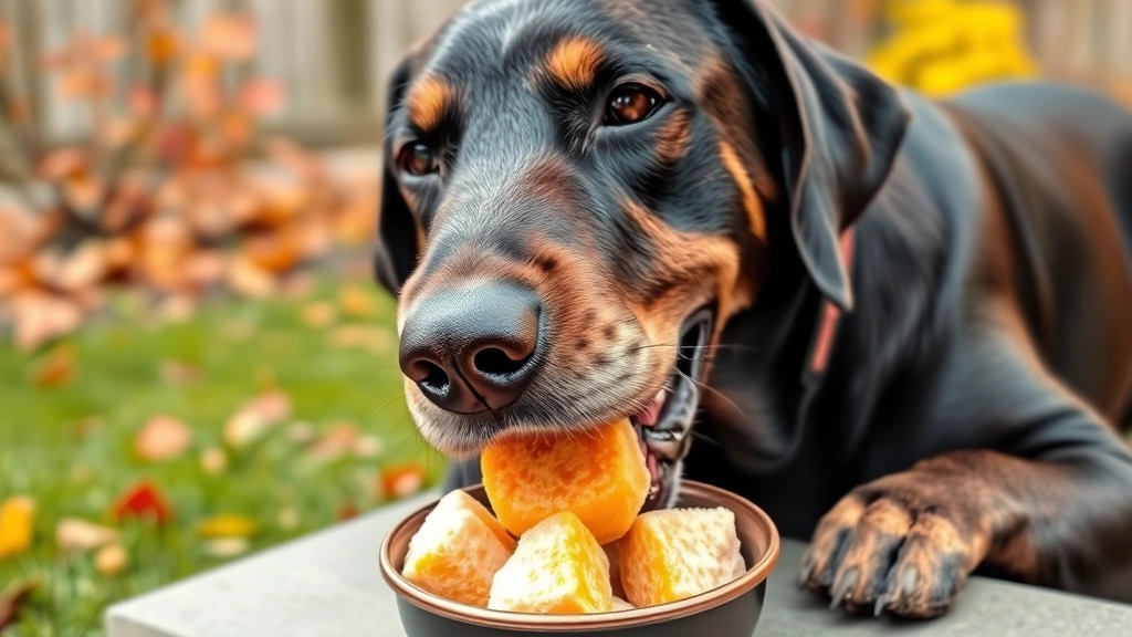 Happy labrador eating a frozen pumpkin treat from a bowl, outdoors in a garden setting, autumn leaves visible, dog's expression content and satisfied