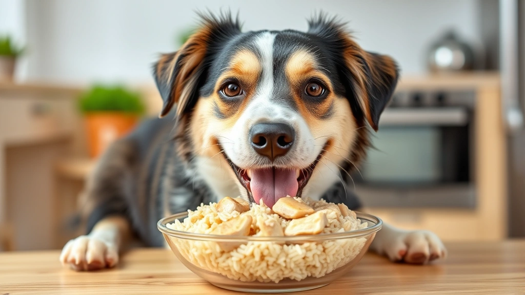 Happy dog eating plain boiled chicken and rice from a bowl, healthy mealtime scene, bright kitchen background
