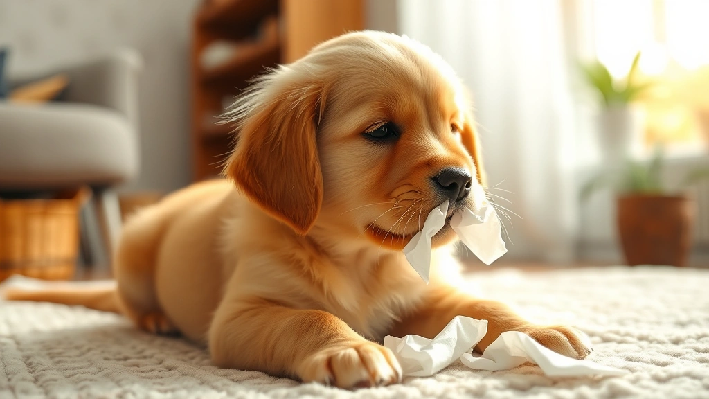 Adorable golden retriever puppy sneezing with tissues nearby, cozy home setting, soft natural lighting
