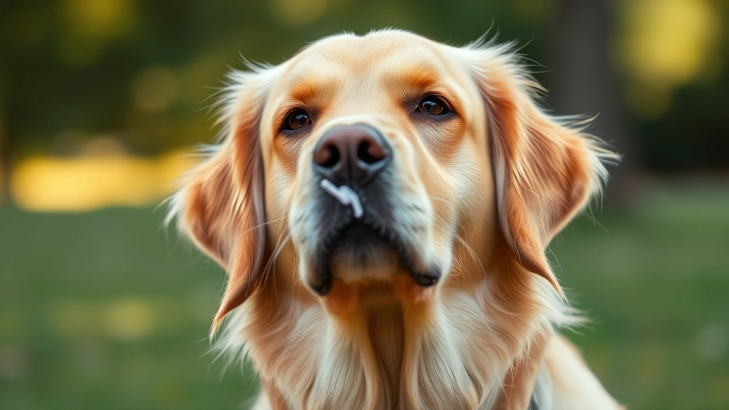 Golden Retriever sneezing outdoors with bokeh background, natural lighting, close-up of dog's face