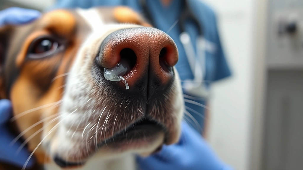 Close-up of dog's nose with clear nasal discharge, veterinary examination setting, clinical professional atmosphere