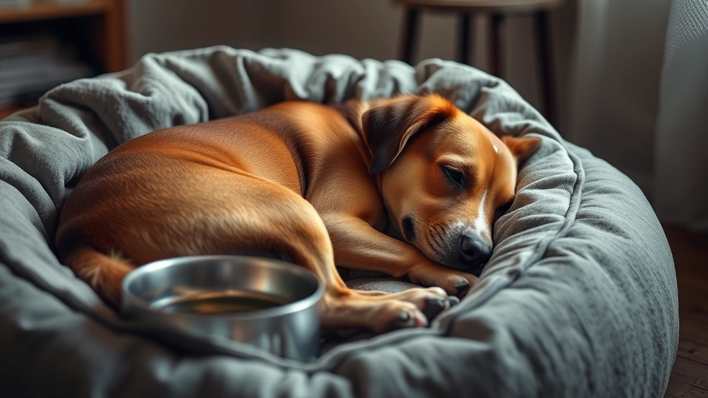 Dog resting in comfortable bed with water bowl nearby, warm lighting, peaceful recovery environment