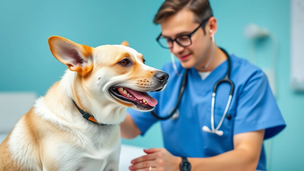 Veterinarian examining dog with stethoscope, professional clinical setting, caring medical professional