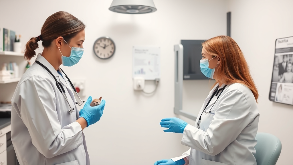 Veterinary examination room with professional discussing animal reproductive health and biology education, no text no words no letters
