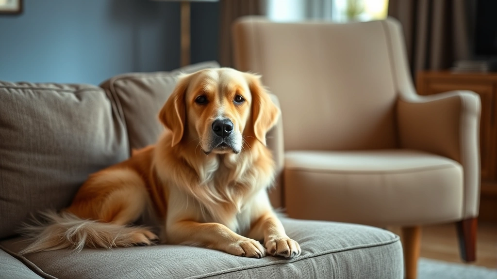 A golden retriever sitting peacefully on a couch next to an empty chair, looking calm and healthy, soft natural lighting, indoor home setting
