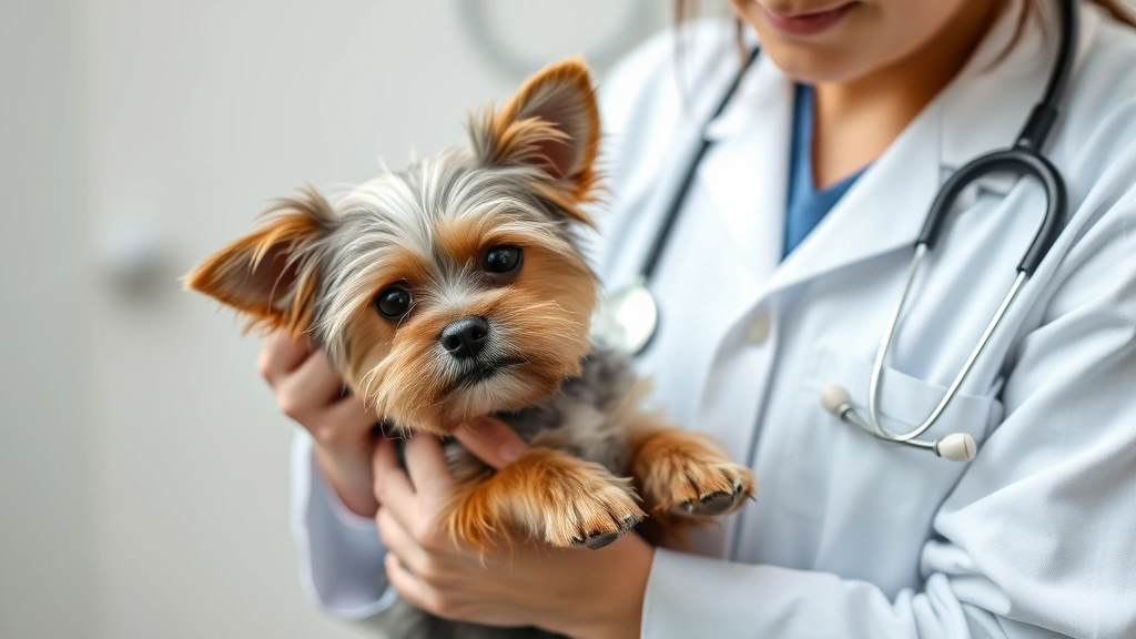 A veterinarian in a white coat holding a small terrier dog during a gentle examination, stethoscope visible, clinical but warm atmosphere