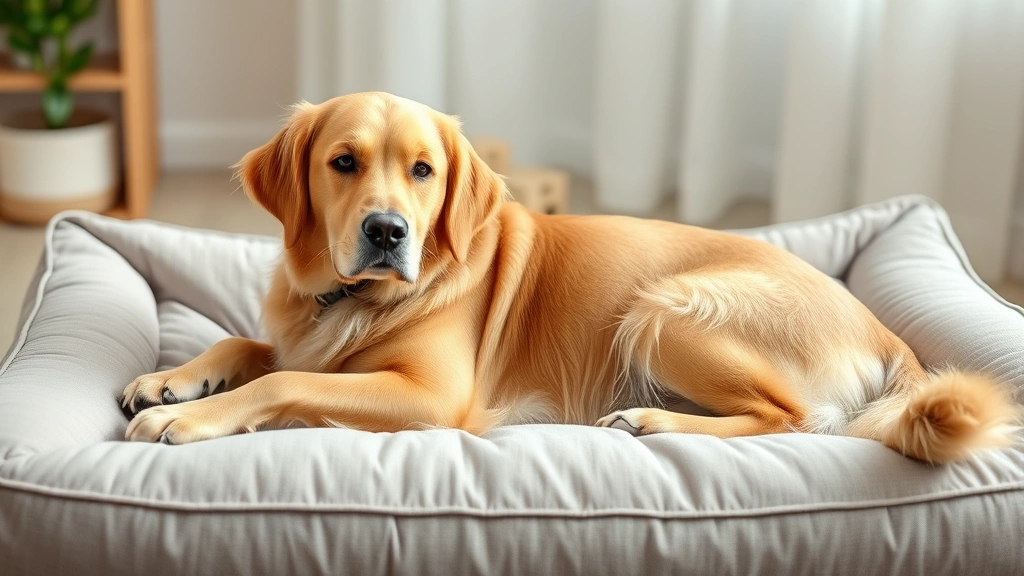 Pregnant golden retriever lying on comfortable dog bed, side profile showing enlarged abdomen, peaceful expression, natural indoor lighting