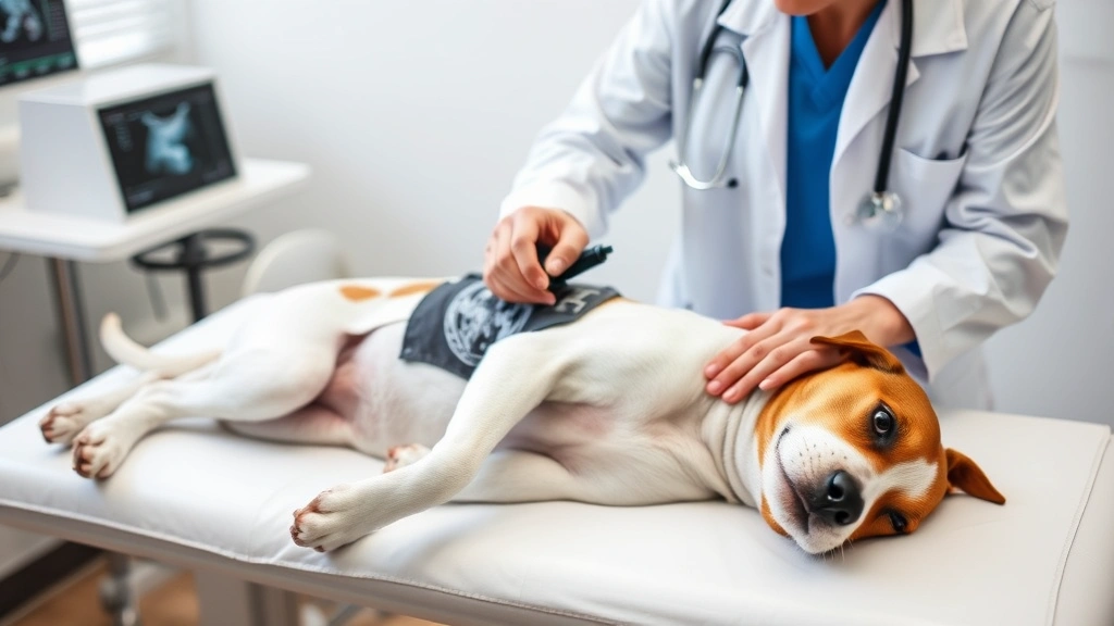 Veterinarian in white coat performing ultrasound examination on female dog lying on examination table, ultrasound probe on abdomen, caring professional environment