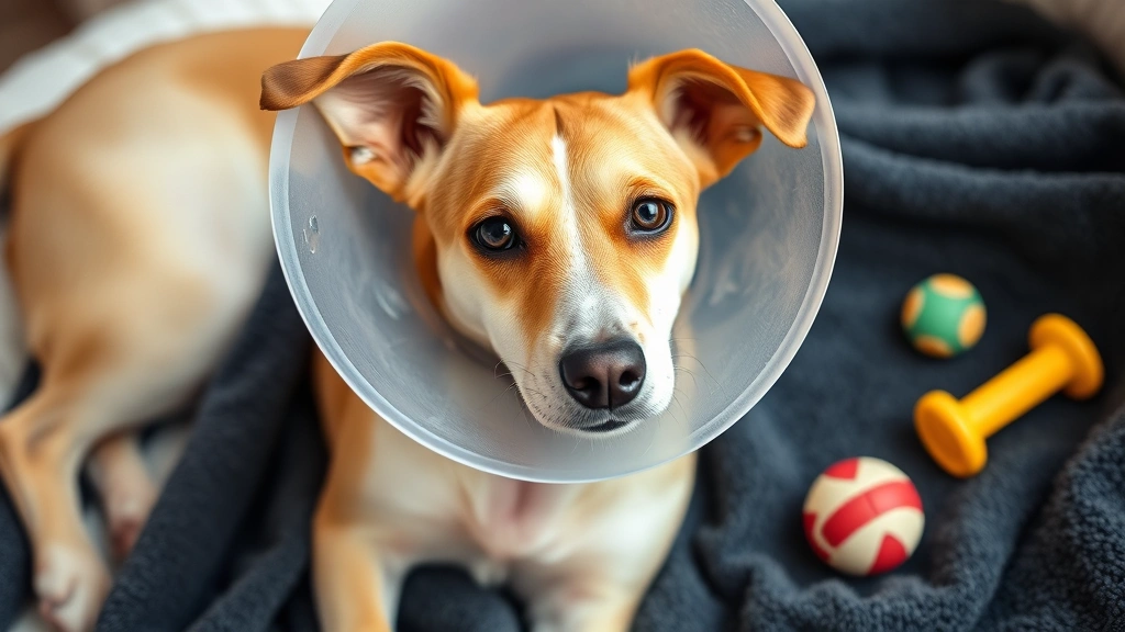 Female dog wearing protective Elizabethan cone collar resting on blanket after surgery, healing incision visible, comfortable recovery setup with toys nearby