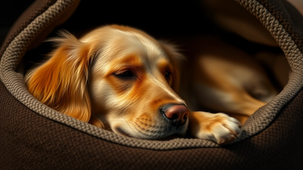 Golden retriever resting peacefully in a dark cozy dog bed, relaxed expression, nighttime atmosphere