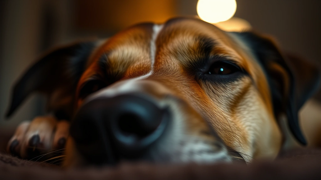 Close-up of dog's eyes showing reflective shine, dim warm lighting background, peaceful sleeping position