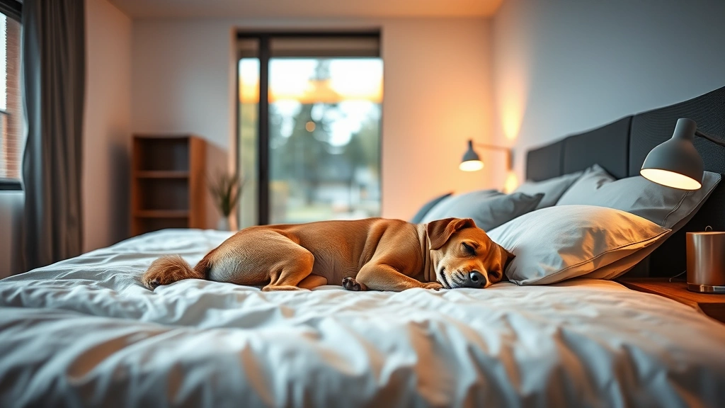 Modern bedroom with sleeping dog on bed, soft warm ambient lighting, minimalist environment, comfort