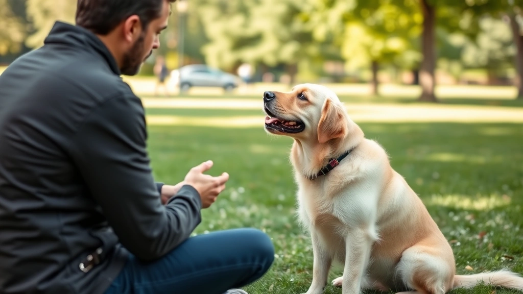 Golden retriever sitting attentively looking at owner's face during training session outdoors in park