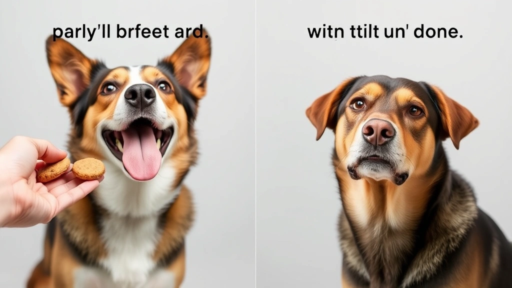 Split image showing happy dog receiving treats after command, contrasting with confused dog not understanding unclear instruction