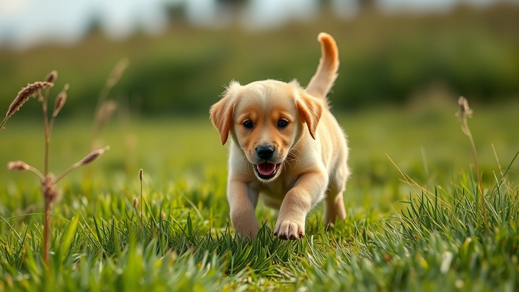 Golden retriever puppy running through grassy field with intense focus and energy, mid-motion, bright daylight