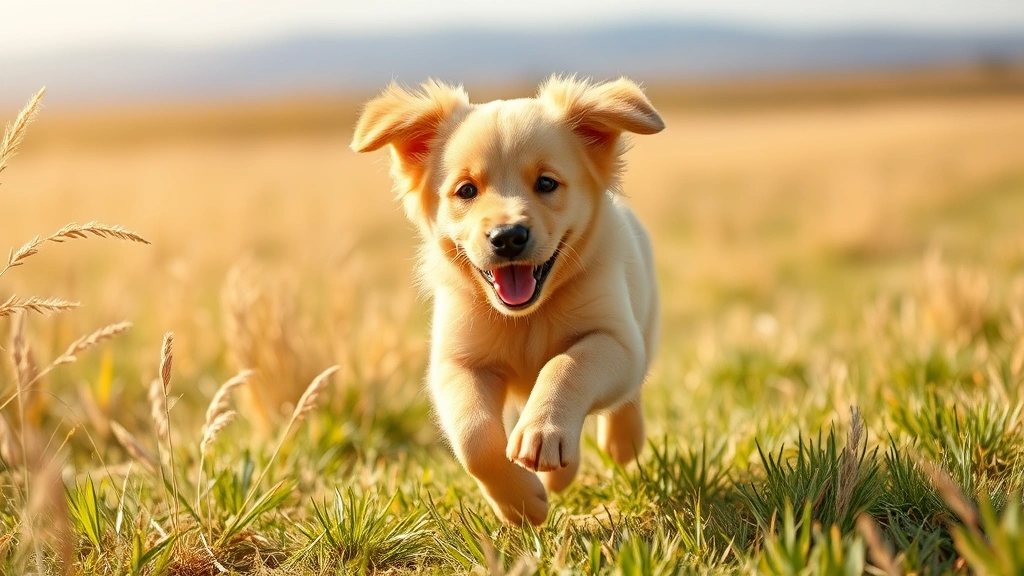 A playful golden retriever puppy running energetically through a sunny field, ears flying, full of motion and joy