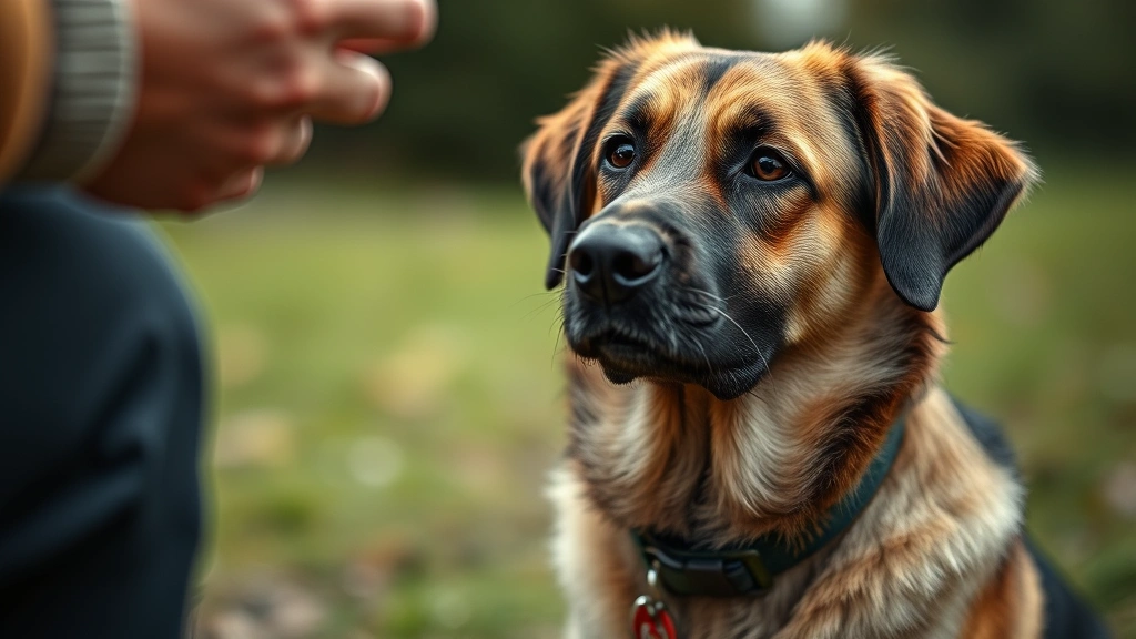 Close-up of attentive dog receiving training command from handler, sitting calmly with direct eye contact concentration
