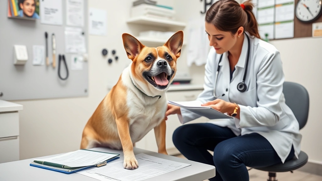 Veterinary behaviorist examining hyperactive dog in clinical office setting with behavioral assessment tools and documentation