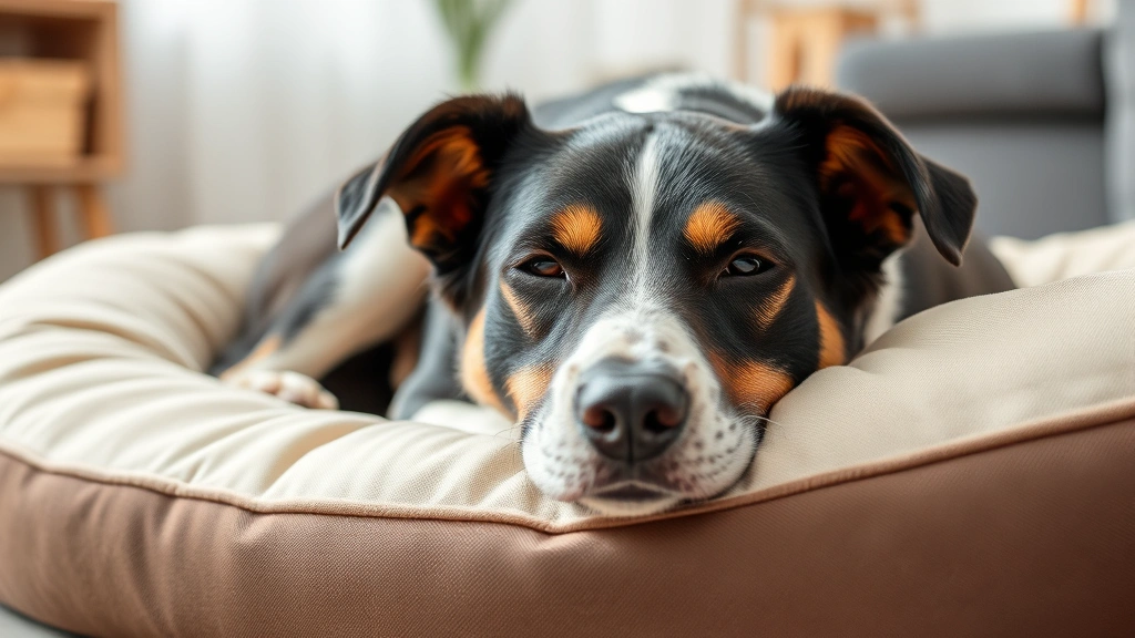 A calm dog resting peacefully on a comfortable bed indoors, relaxed expression, well-balanced and content posture