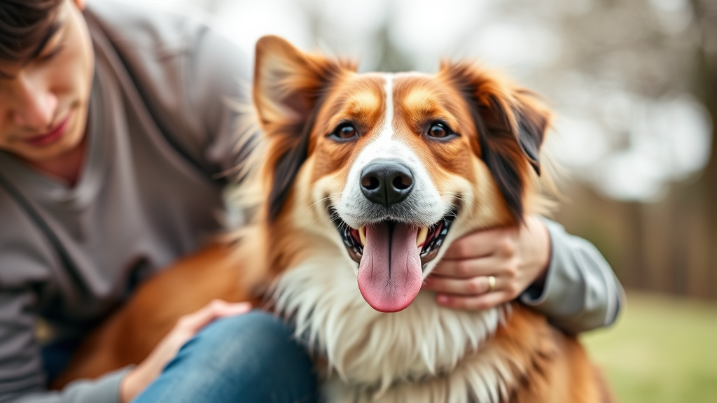 Happy healthy dog with owner showing affection, no text no words no letters