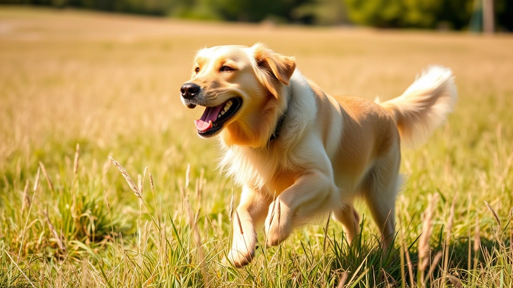 Golden retriever male dog playing in grassy field, alert and happy expression, sunny outdoor setting