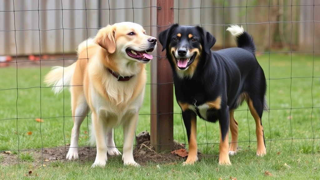 Intact male and female dogs separated by fence, showing behavioral interest, outdoor yard environment