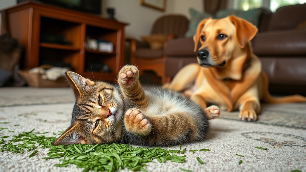 Tabby cat playfully rolling in catnip while golden dog watches nearby from a safe distance, both pets in living room setting