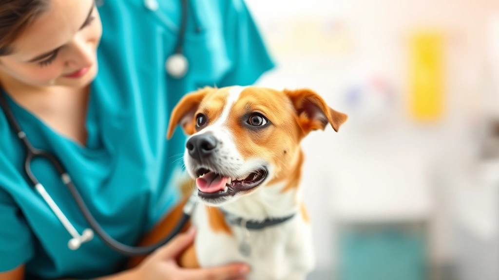 Veterinarian examining a brown and white dog with stethoscope in a bright clinic, professional medical environment