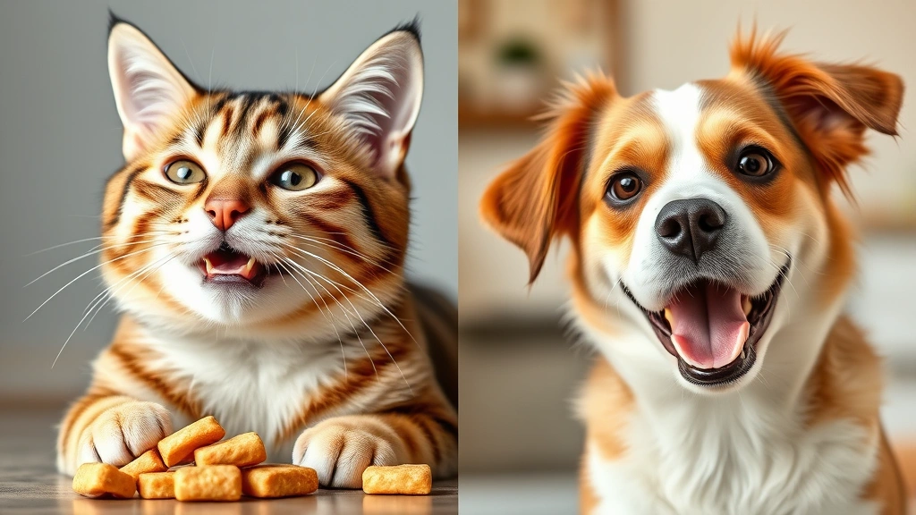 Split-screen comparison showing a cat enjoying cat treats on one side and a dog with dog treats on the other, both looking satisfied, photorealistic style