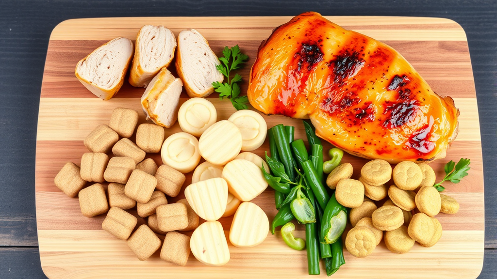 Healthy cat treats and fresh cooked chicken pieces arranged on wooden cutting board, no text no words no letters