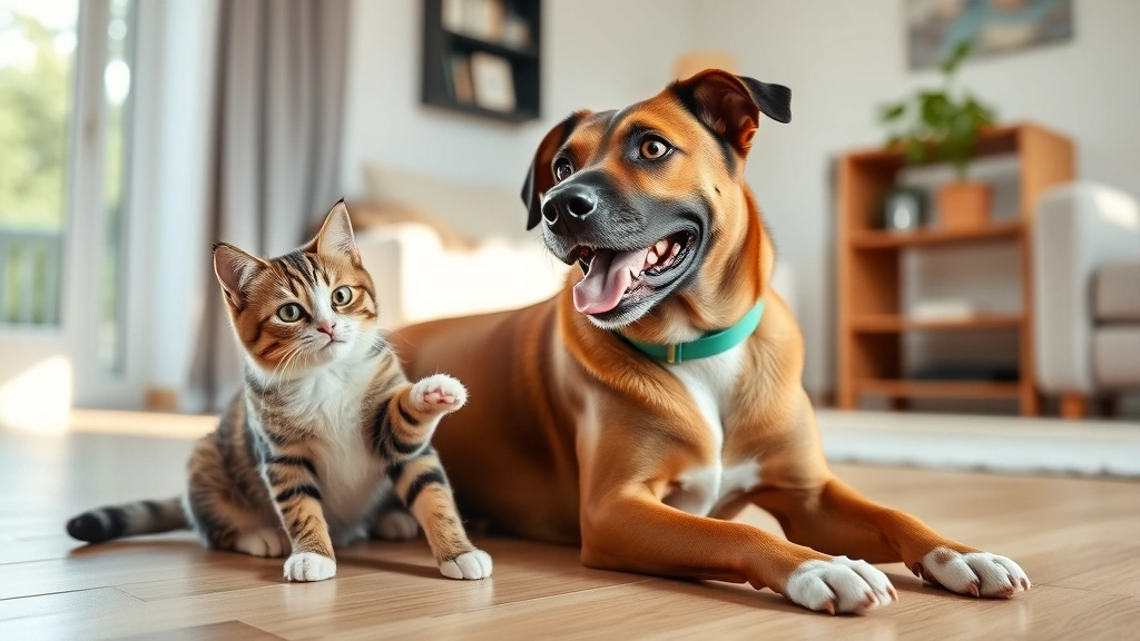 Healthy cat and vaccinated dog playing together safely in bright living room, showing pet wellness and companionship