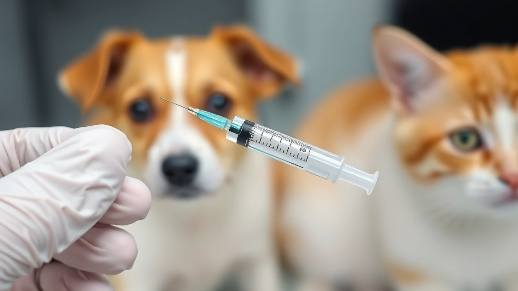 Close-up of veterinary vaccination needle and vaccine vial with dog and cat in background receiving preventive care