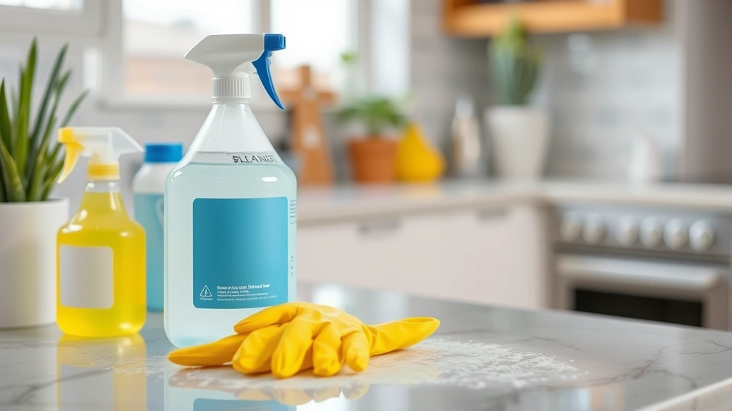 Disinfection and cleaning supplies, bleach solution bottle, and protective gloves on household surface being sanitized