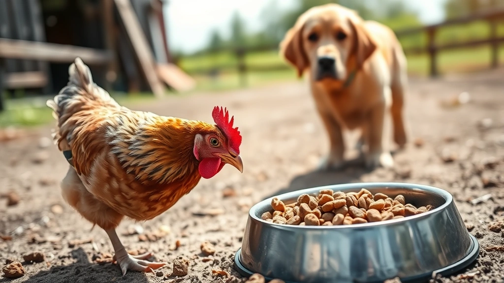A curious brown and white chicken approaching a metal dog food bowl filled with kibble in a sunny farm setting, with a golden retriever watching from the background