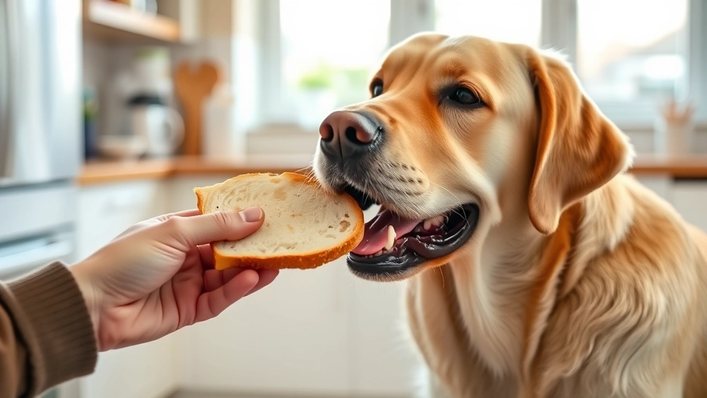 Golden Labrador happily eating a piece of plain toasted bread from owner's hand in bright kitchen