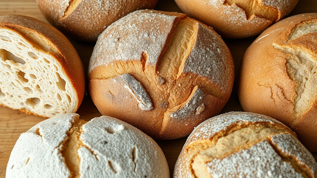 Close-up of various bread types arranged on wooden surface - whole wheat, white, sourdough varieties
