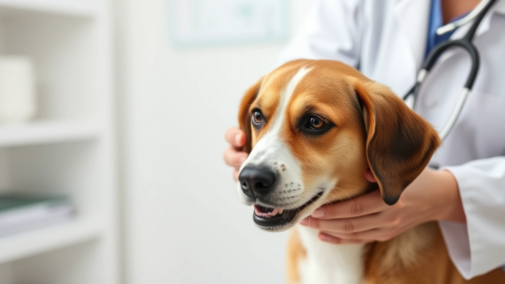 Veterinarian checking dog's digestive health with stethoscope during wellness examination