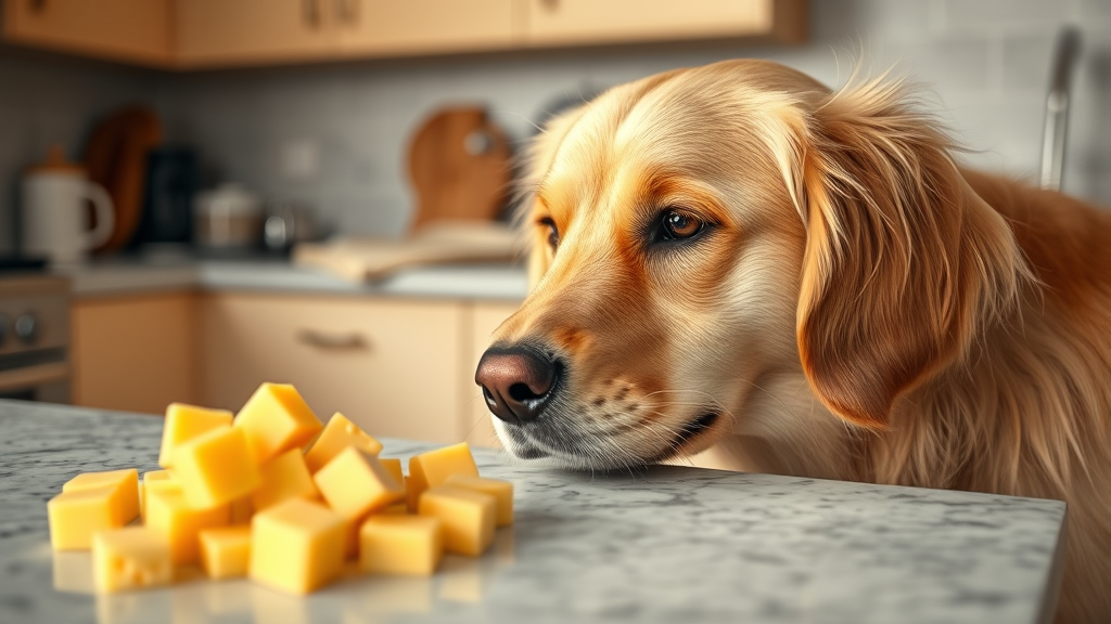 Golden retriever looking curiously at cheese cubes on kitchen counter, warm natural lighting, no text no words no letters