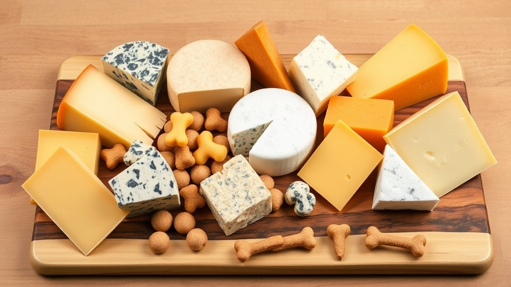 Various cheese types arranged on wooden board with small dog treats nearby, clean background, no text no words no letters
