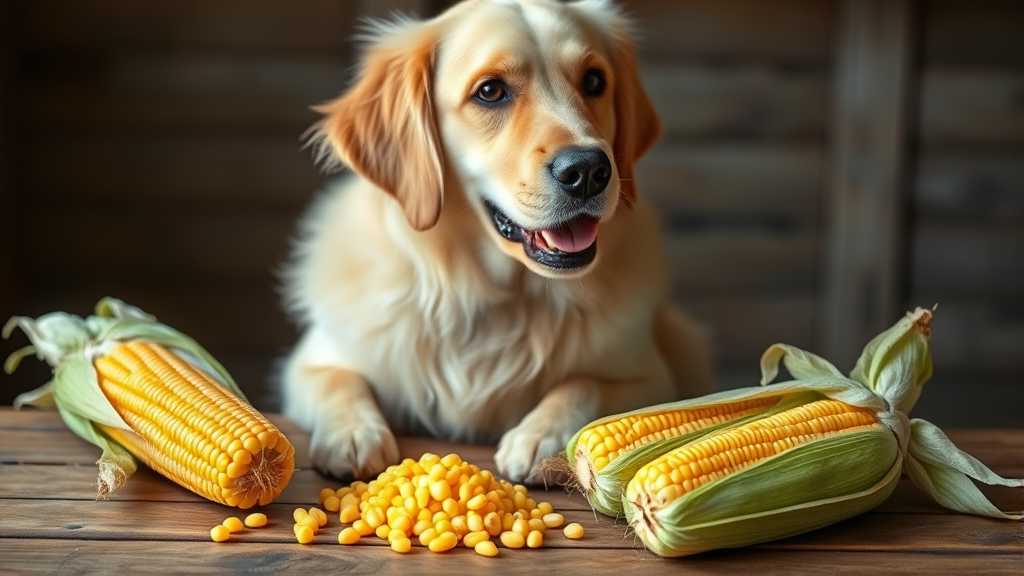 Golden retriever sitting next to fresh corn kernels on wooden table, natural lighting, no text no words no letters