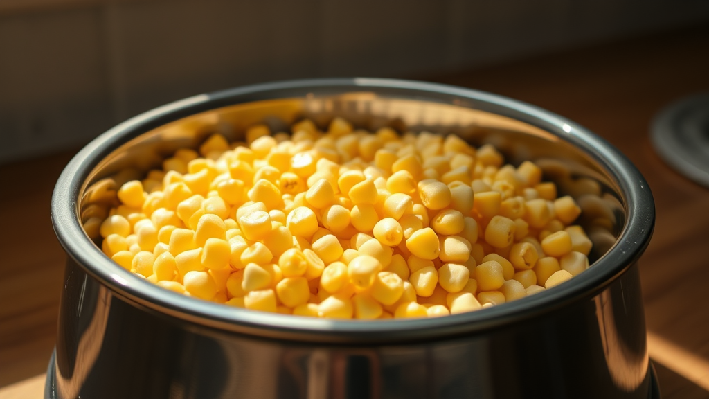 Close up of plain cooked corn kernels in dog bowl on kitchen counter, bright natural light, no text no words no letters